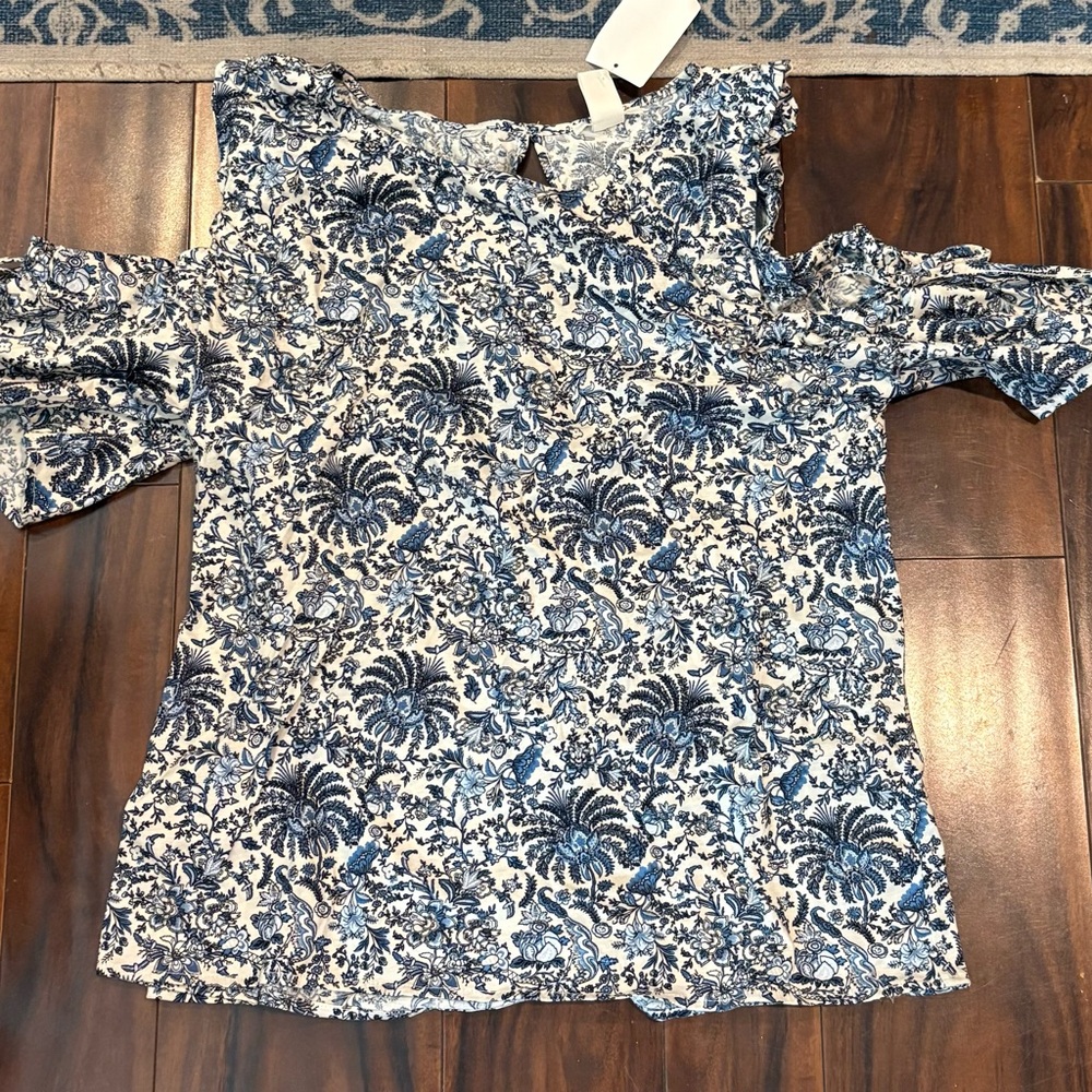 H&M Cold Shoulder Floral Top SZ Large Cotton, Blue Blouse, Shirt Ties New